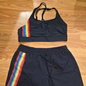 Women's Pride Humankind Swim Top  and short Black Rainbow Stripes Size M